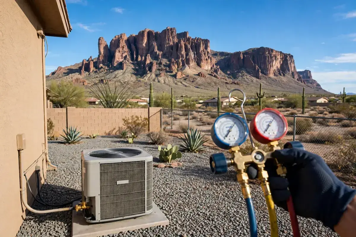 AC Repair Apache Junction, AZ — a condenser unit with the Superstition Mountains behind it