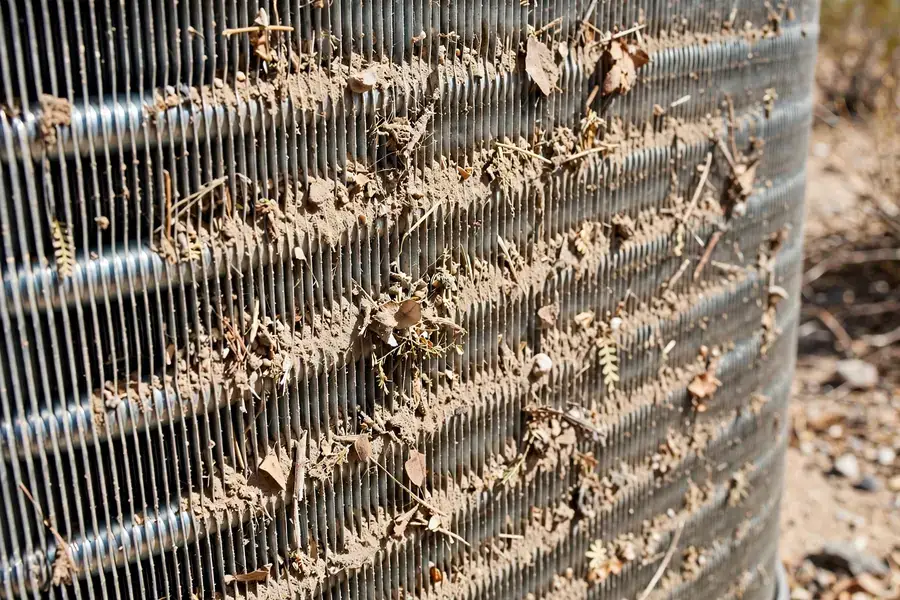 A dust-clogged AC condenser coil — the problem