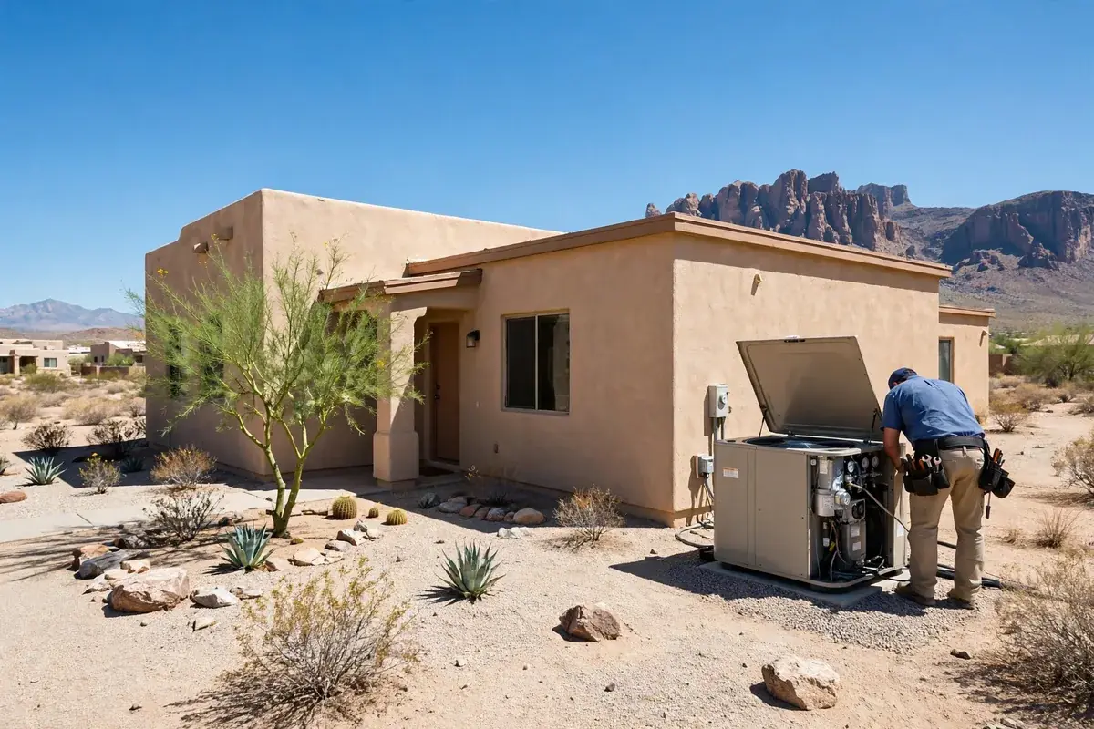 AC Repair Arizona — a technician servicing an outdoor AC unit at an Arizona home
