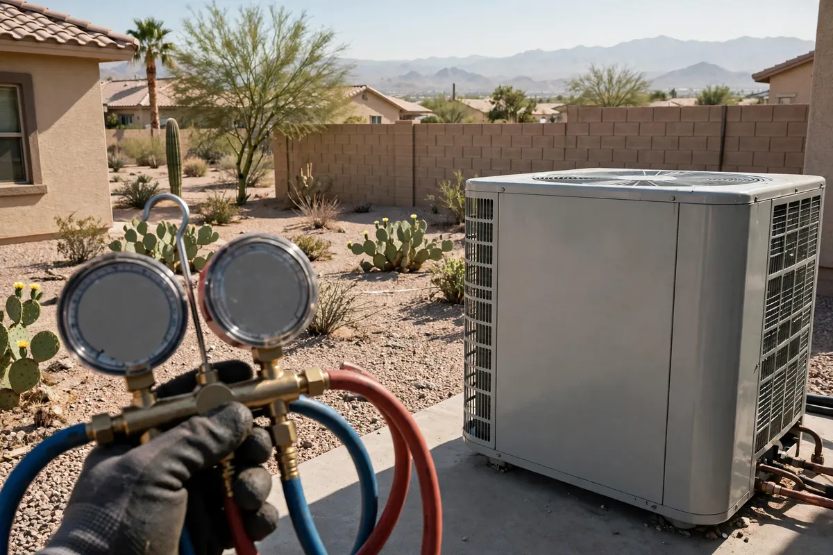AC Repair Avondale, AZ — a technician testing an outdoor unit in the heat