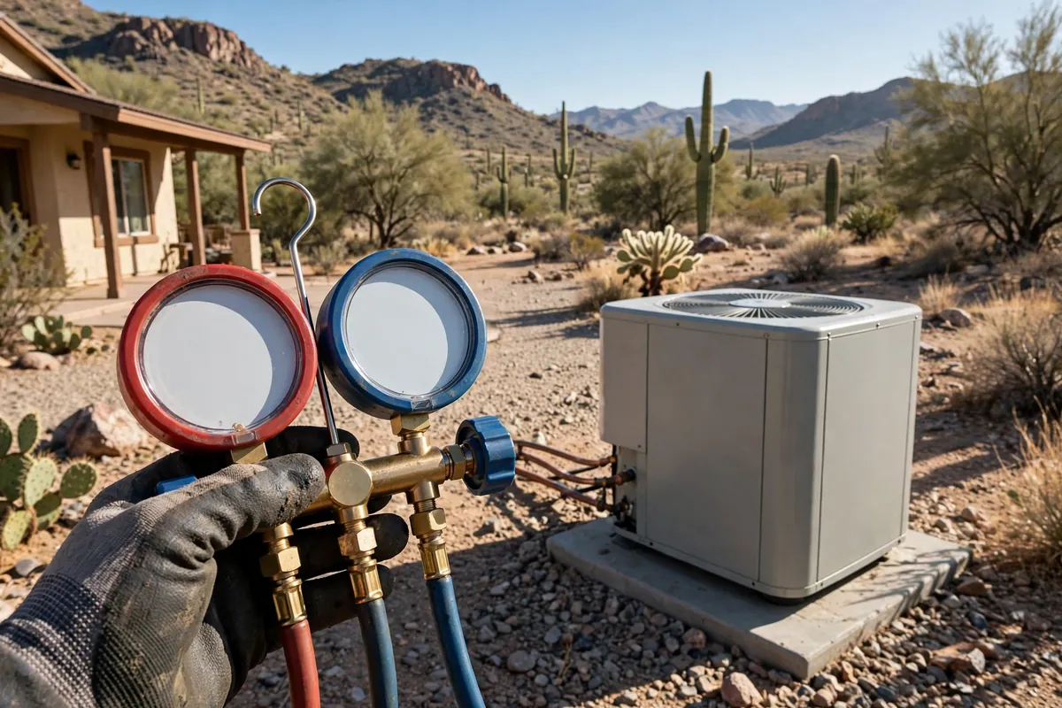 AC Repair Black Canyon City, AZ — a condenser unit outside a desert home in summer