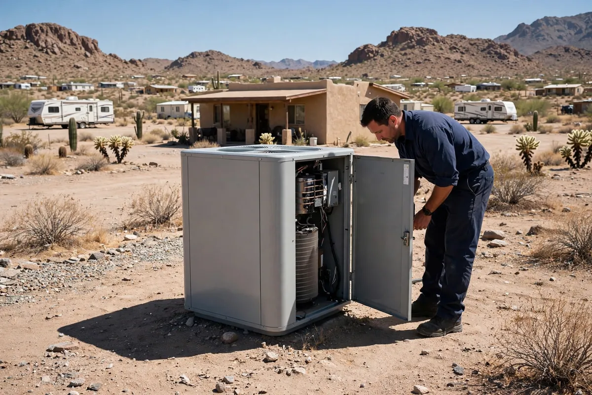 AC Repair Bouse, AZ — a technician testing an outdoor unit in the heat