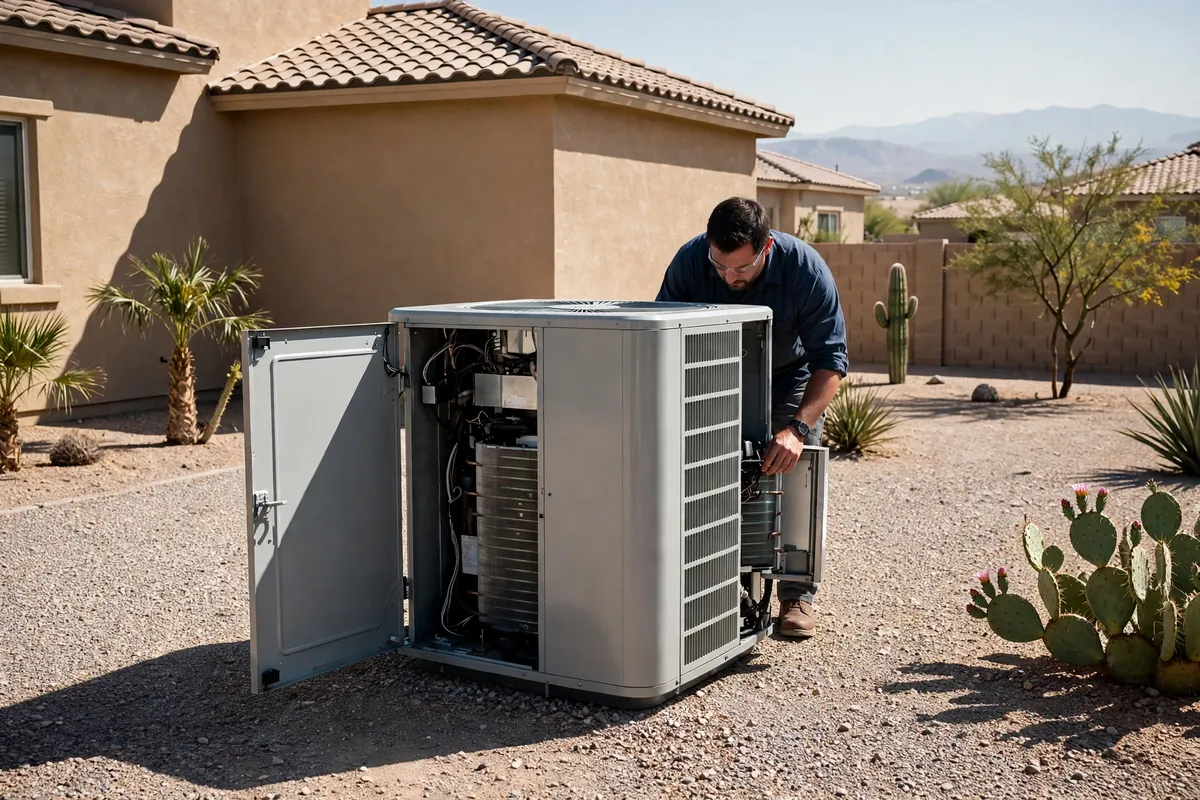 AC Repair Buckeye, AZ — a technician testing an outdoor unit in the heat