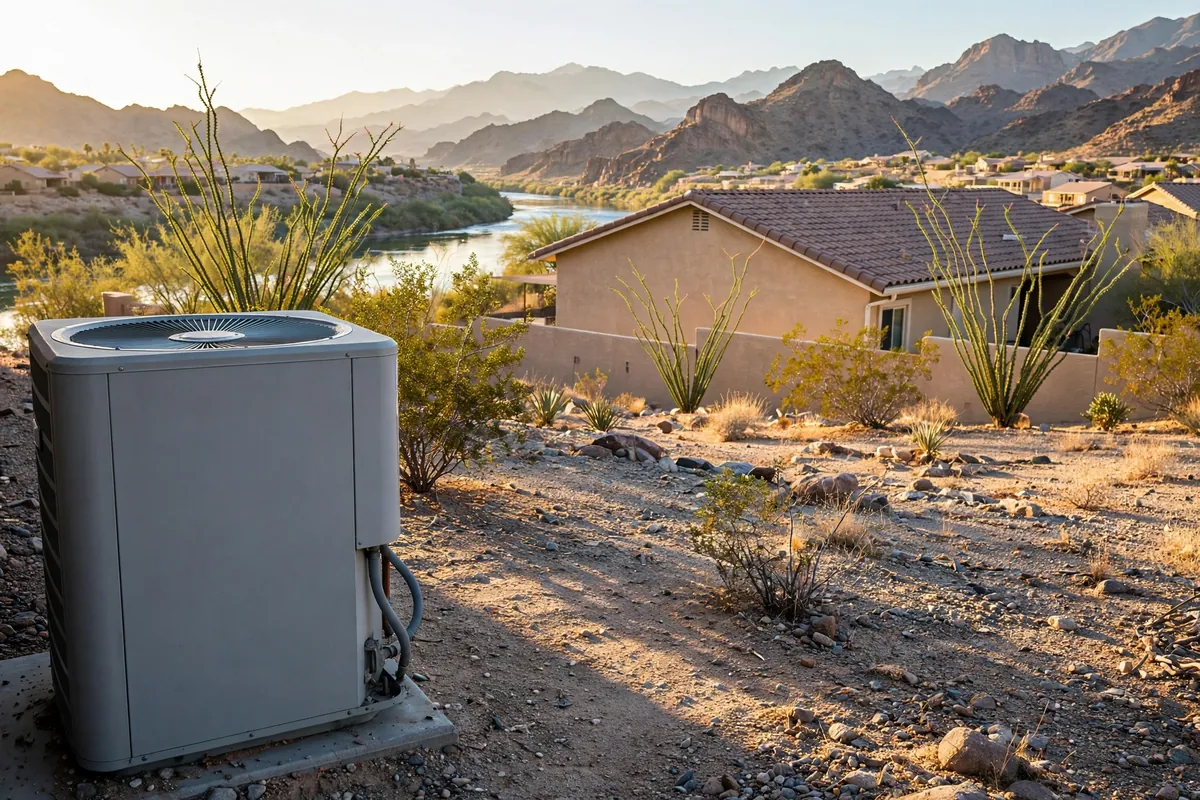 AC Repair Bullhead City, AZ — a condenser unit outside a desert home in summer