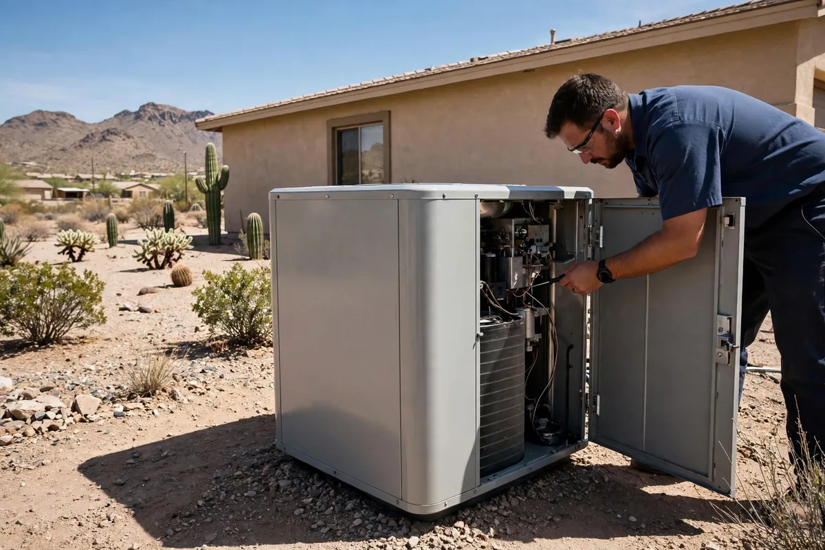 AC Repair Casa Grande, AZ — a technician testing an outdoor unit in the heat