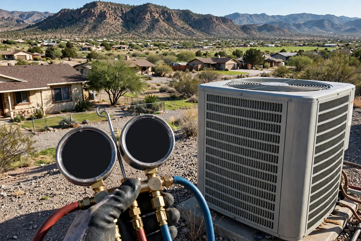 AC Repair Cottonwood, AZ — a technician testing an outdoor unit in the heat