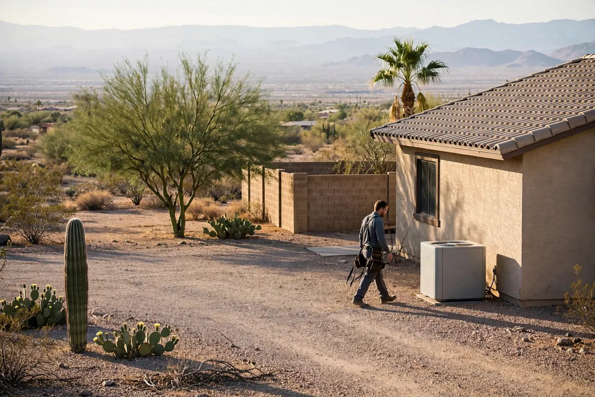 AC Repair El Mirage, AZ — a technician testing an outdoor unit in the heat