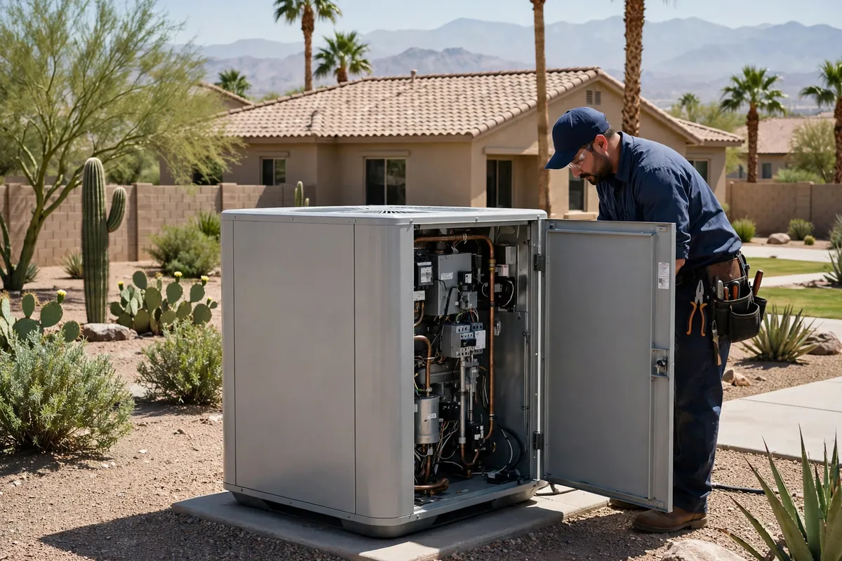 AC Repair Gilbert, AZ — a technician testing an outdoor unit in the heat