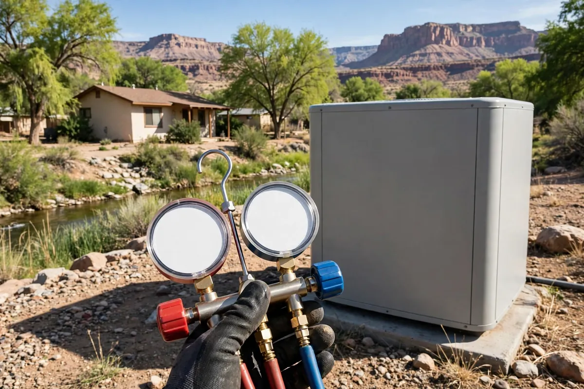 AC Repair Lake Montezuma, AZ — a technician testing an outdoor unit in the heat