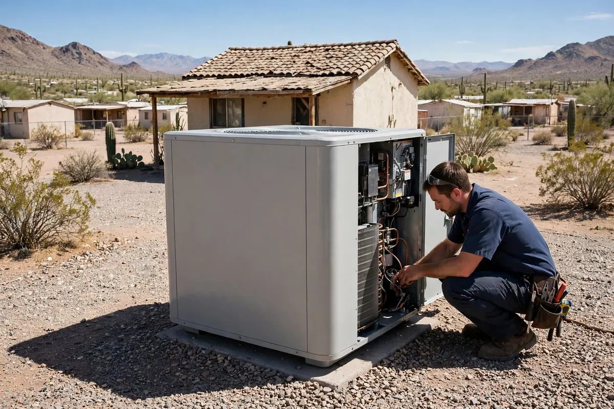 AC Repair Mammoth, AZ — a technician testing an outdoor unit in the heat