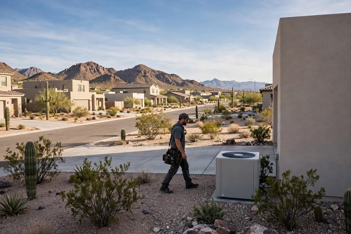 AC Repair Maricopa, AZ — rooftop units over an Arizona neighborhood at midday
