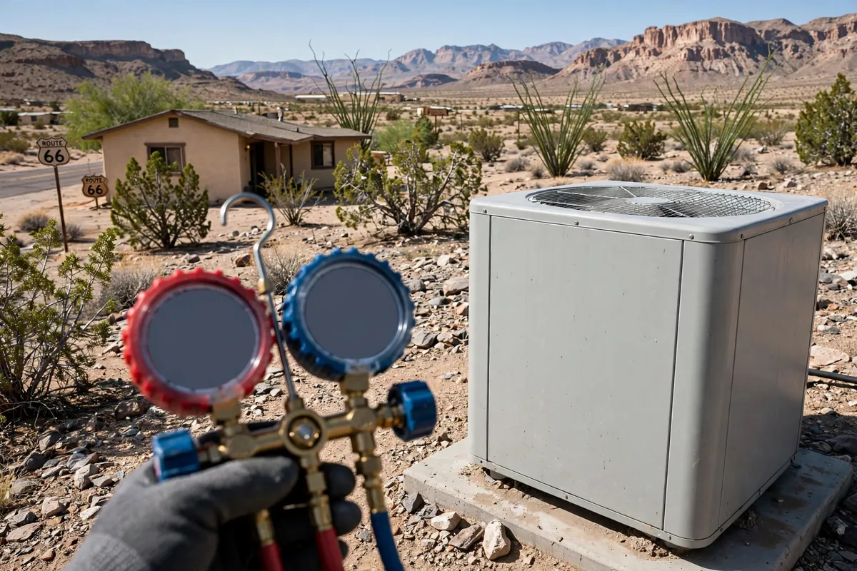 AC Repair Peach Springs, AZ — a technician testing an outdoor unit in the heat