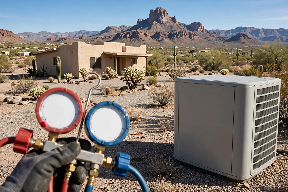 AC Repair Red Rock, AZ — a technician testing an outdoor unit in the heat