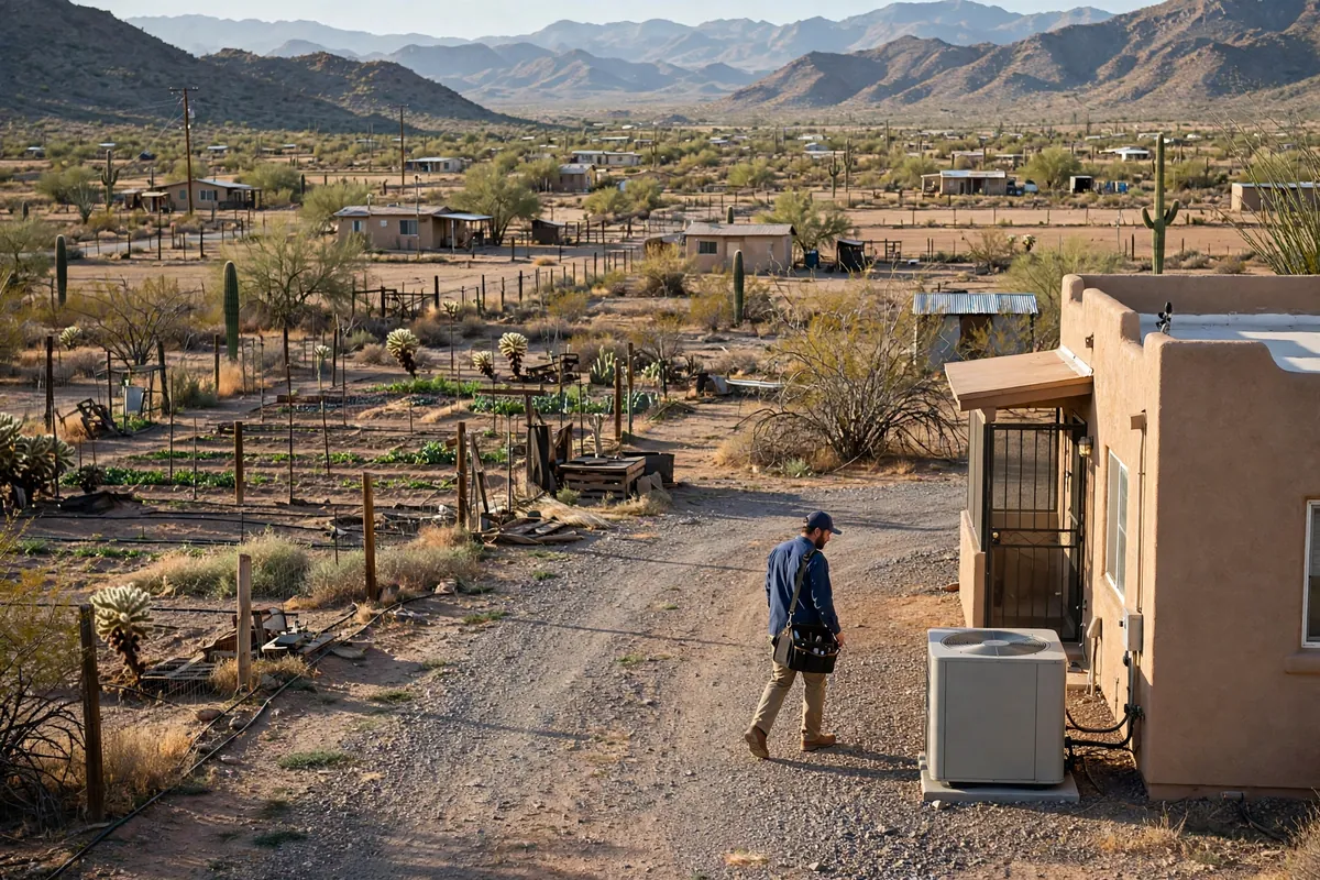 AC Repair Rillito, AZ — a technician testing an outdoor unit in the heat