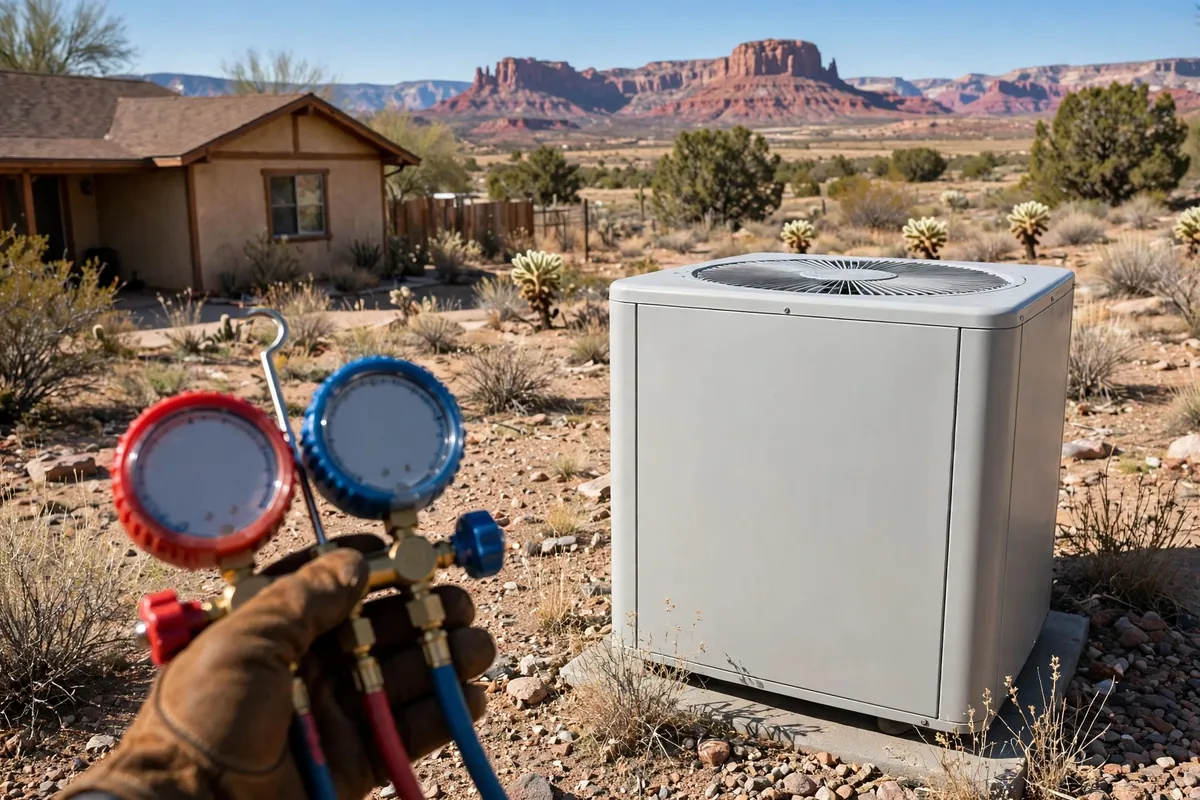 AC Repair Rimrock, AZ — a technician testing an outdoor unit in the heat