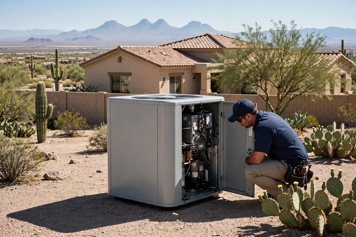 AC Repair Rio Verde, AZ — a technician testing an outdoor unit in the heat
