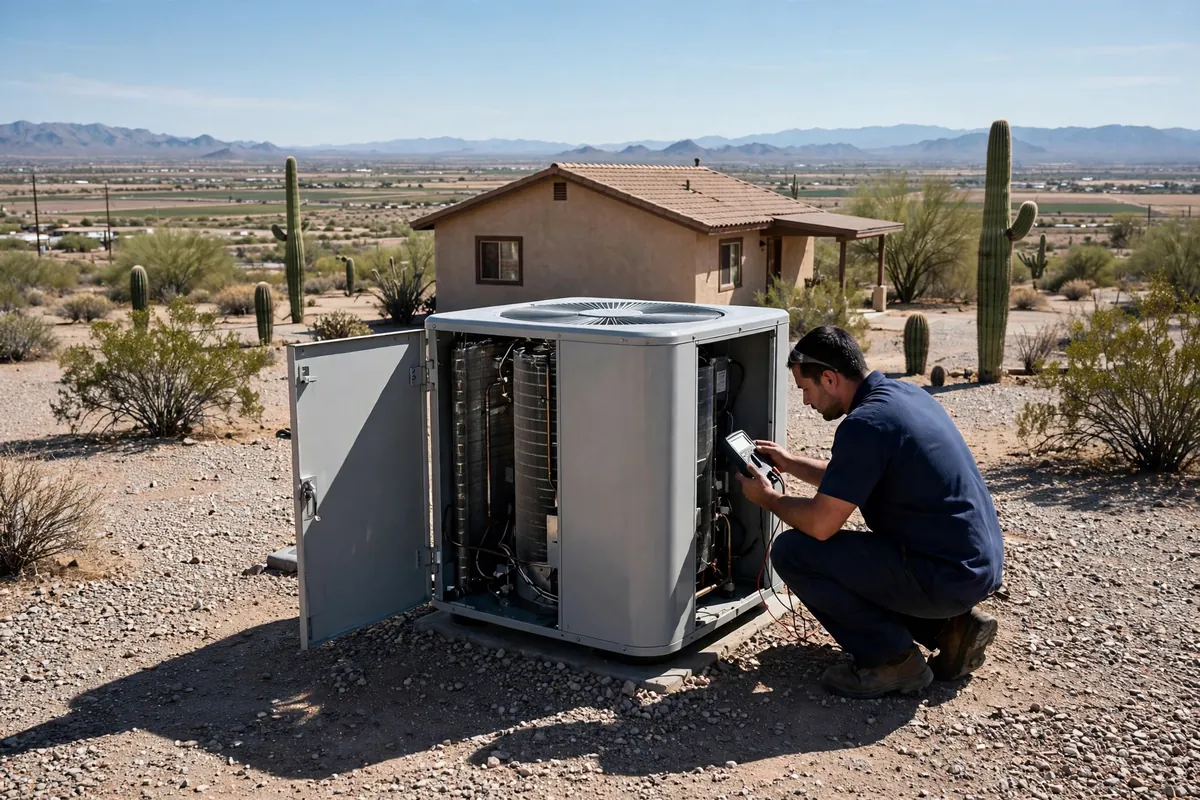 AC Repair Sacaton, AZ — a condenser unit outside a desert home in summer
