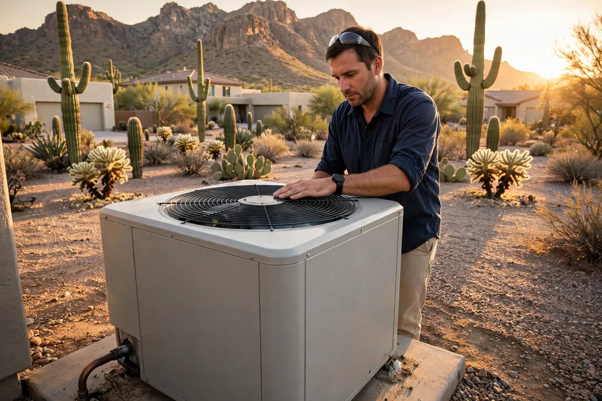AC Repair Sahuarita, AZ — a technician testing an outdoor unit in the heat