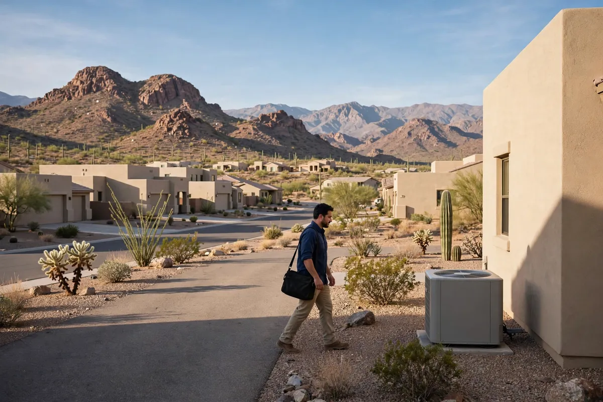 AC Repair San Tan Valley, AZ — a condenser unit outside a desert home in summer