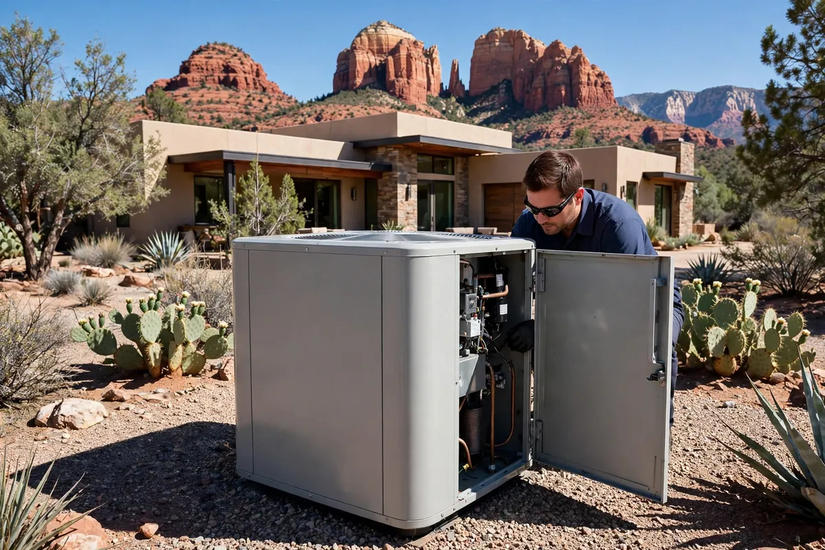 AC Repair Sedona, AZ — a technician testing an outdoor unit in the heat
