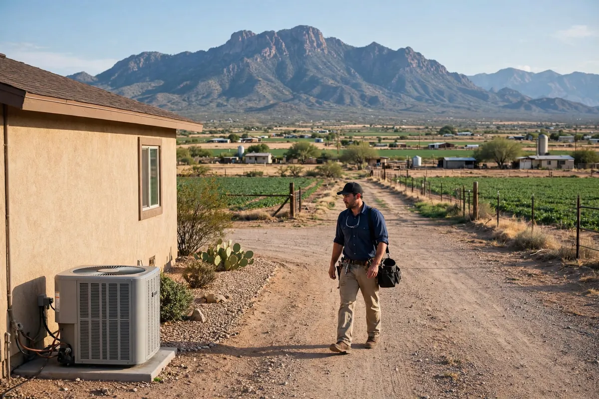 AC Repair Solomon, AZ — a technician testing an outdoor unit in the heat
