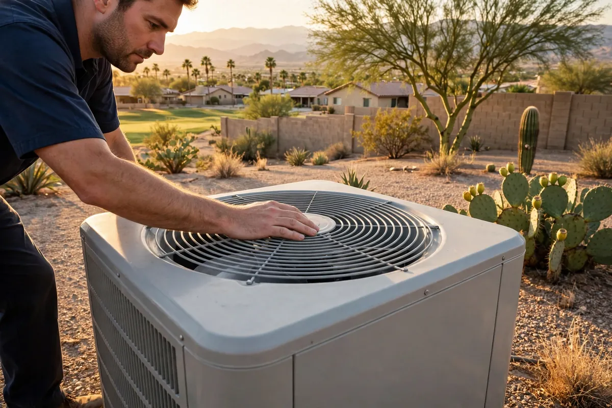 AC Repair Sun City, AZ — a technician testing an outdoor unit in the heat