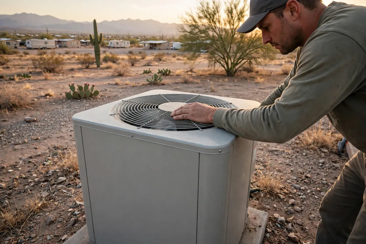 AC Repair Tonopah, AZ — a technician testing an outdoor unit in the heat