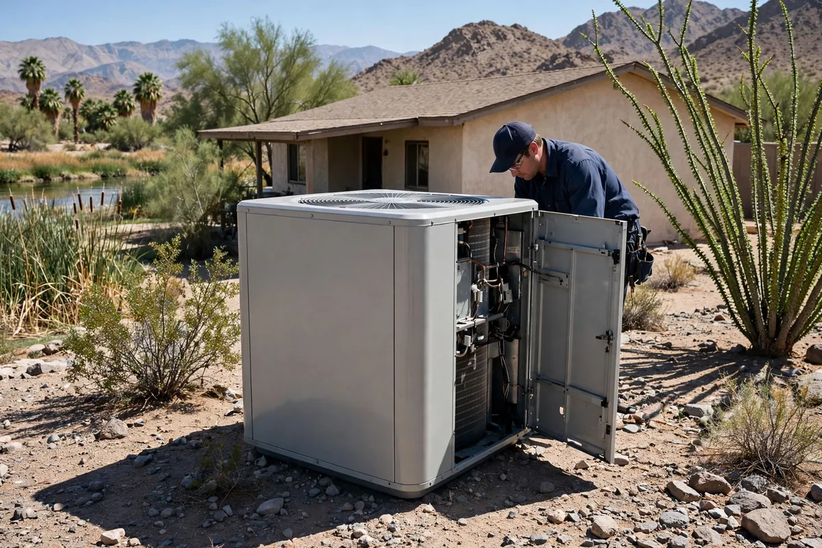 AC Repair Topock, AZ — rooftop units over an Arizona neighborhood at midday