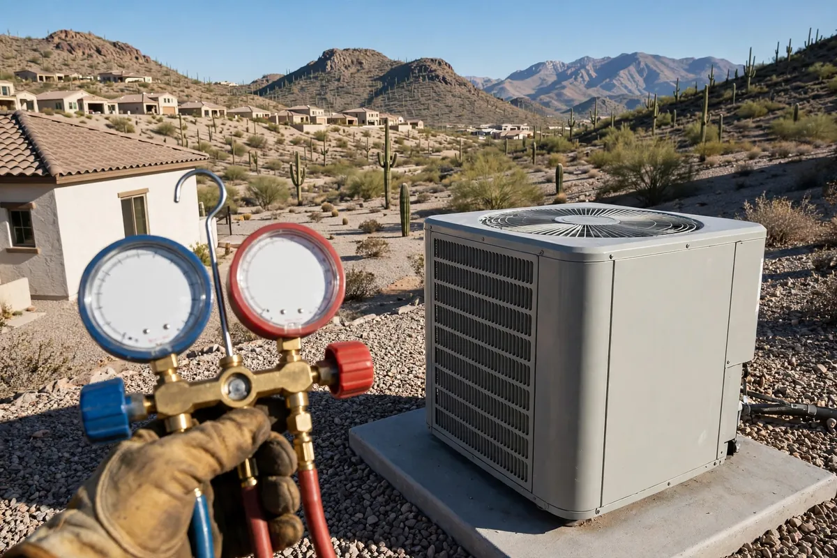 AC Repair Vail, AZ — a technician testing an outdoor unit in the heat