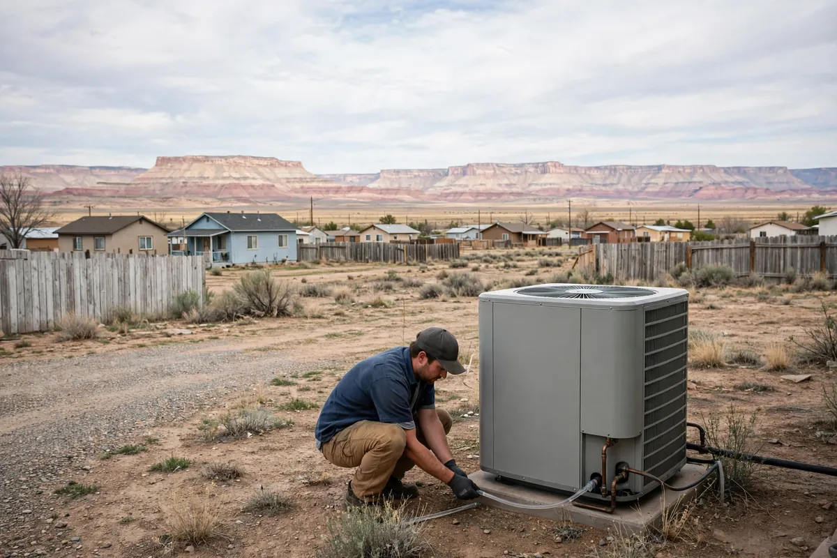 AC Repair Winslow, AZ — a technician testing an outdoor unit in the heat