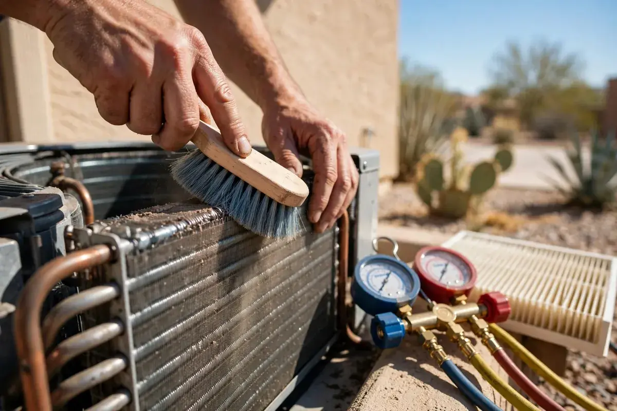 A clean AC condenser coil after service — the fixed result