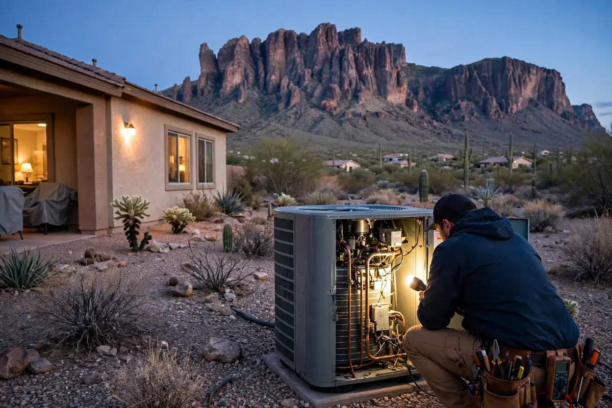 Emergency AC Repair Apache Junction, AZ — a technician checking a condenser at dusk