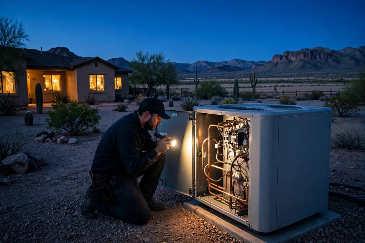 Emergency AC Repair Arizona City, AZ — a technician restoring cooling at dusk