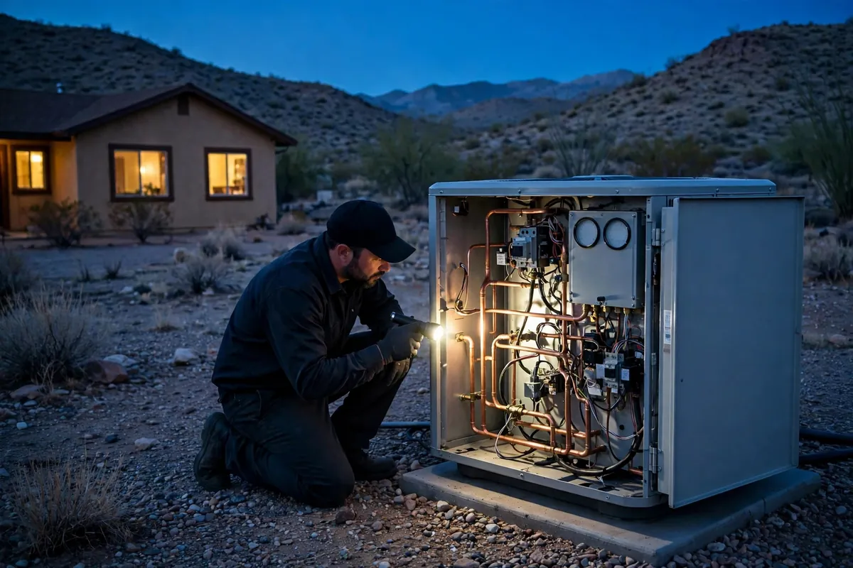 Emergency AC Repair Bagdad, AZ — a pro checking gauges on a failed unit