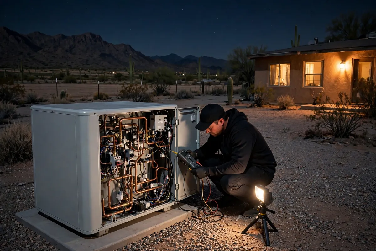 Emergency AC Repair Bapchule, AZ — a technician restoring cooling at dusk