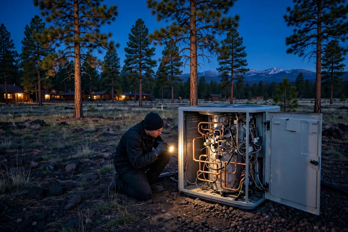 Emergency AC Repair Bellemont, AZ — a technician restoring cooling at dusk