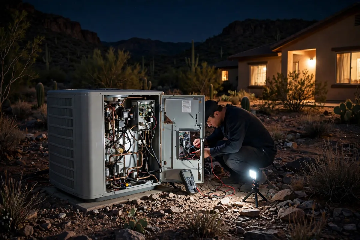 Emergency AC Repair Black Canyon City, AZ — a technician restoring cooling at dusk