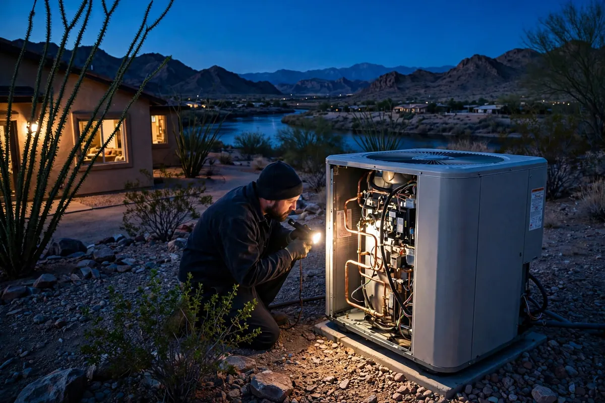 Emergency AC Repair Bullhead City, AZ — a technician restoring cooling at dusk