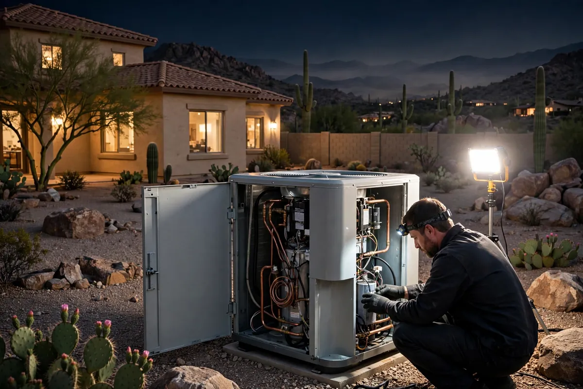 Emergency AC Repair Carefree, AZ — a technician restoring cooling at dusk