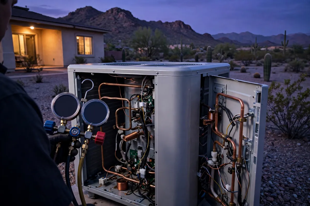 Emergency AC Repair Casa Grande, AZ — emergency repair work on a condenser in the heat