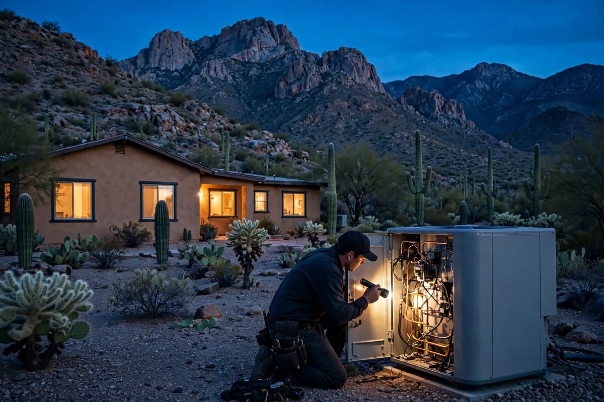 Emergency AC Repair Catalina, AZ — a technician restoring cooling at dusk