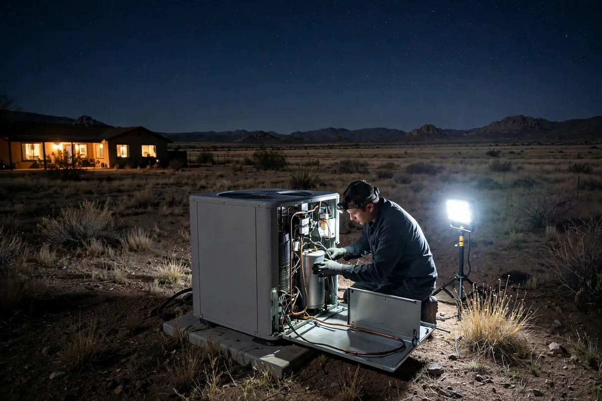 Emergency AC Repair Chino Valley, AZ — a technician restoring cooling at dusk