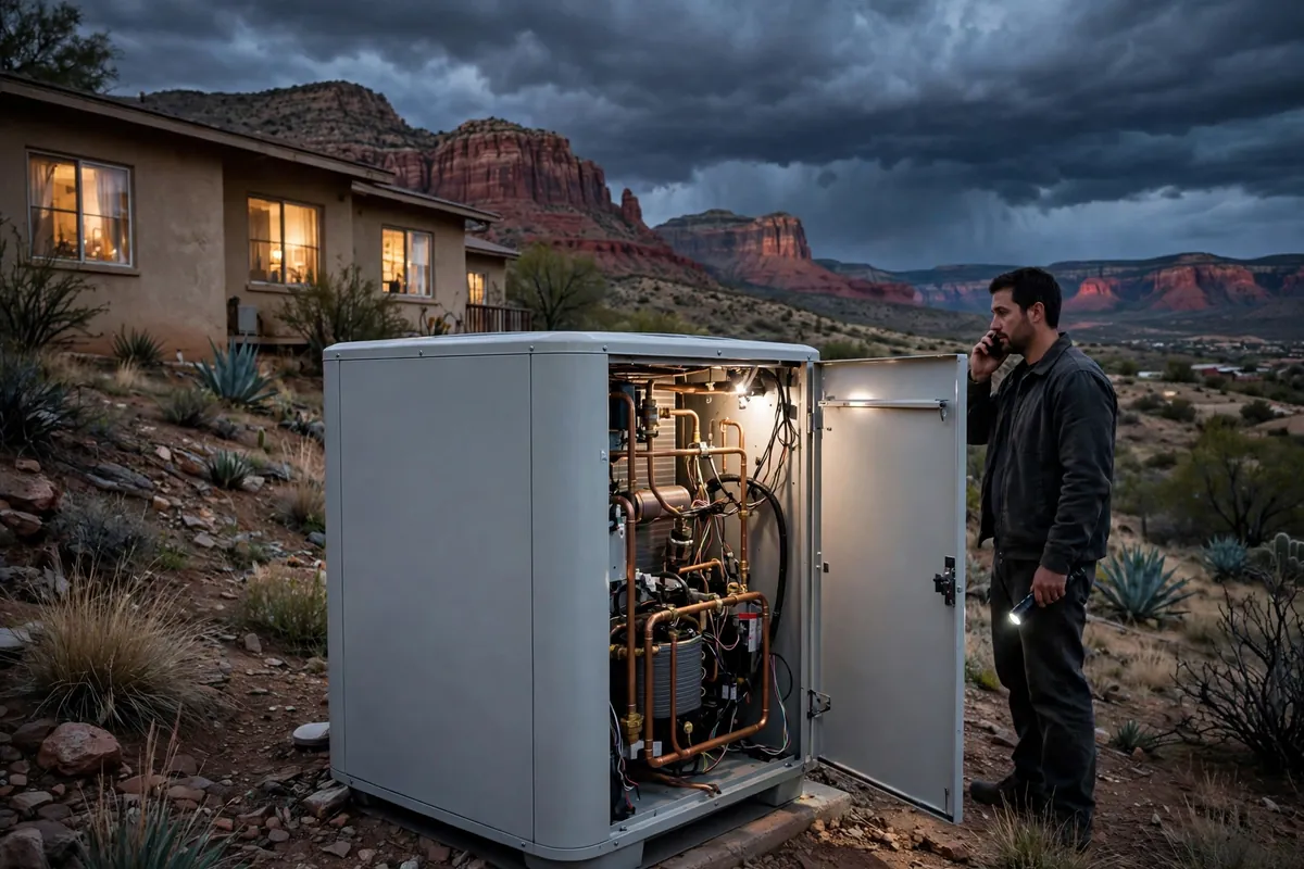 Emergency AC Repair Clarkdale, AZ — a pro checking gauges on a failed unit
