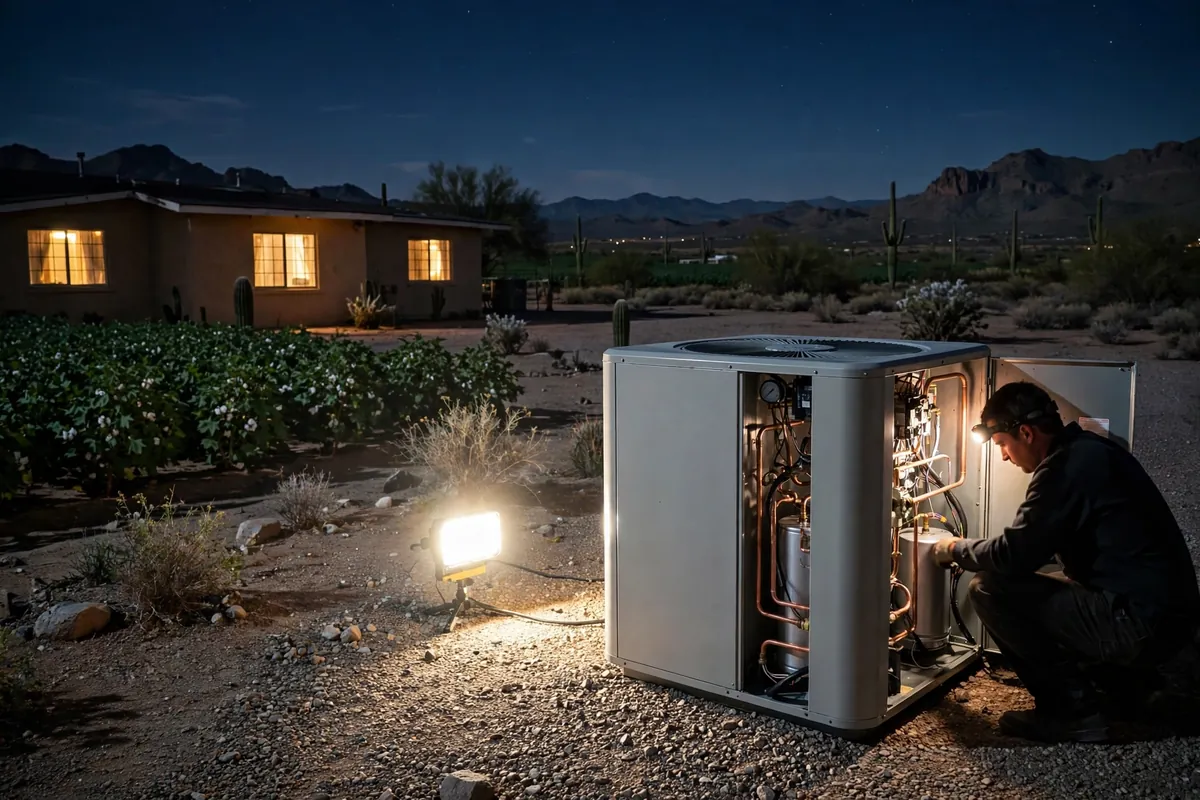 Emergency AC Repair Coolidge, AZ — a technician restoring cooling at dusk