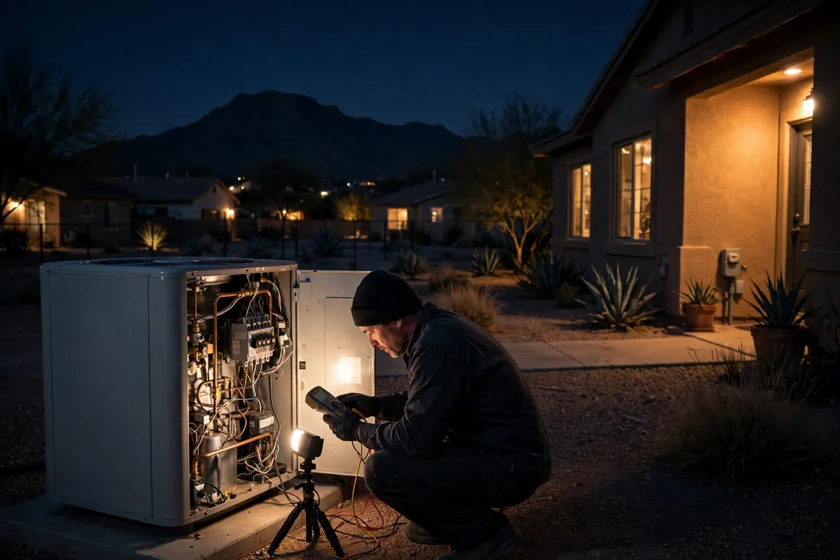 Emergency AC Repair Cottonwood, AZ — a technician restoring cooling at dusk