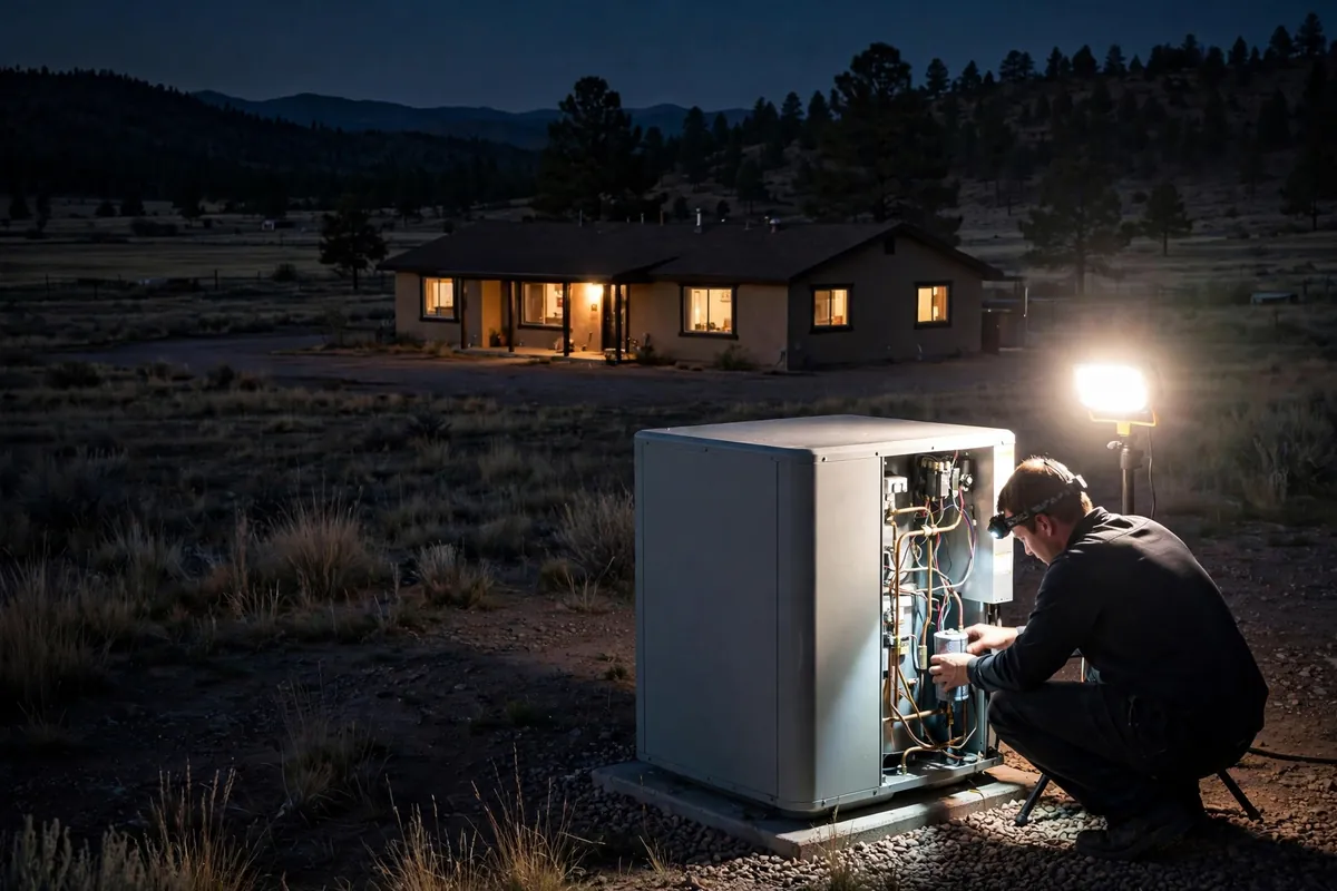 Emergency AC Repair Dewey, AZ — a technician restoring cooling at dusk