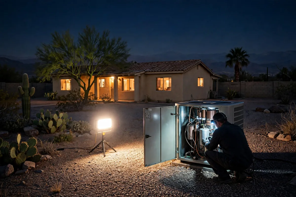 Emergency AC Repair El Mirage, AZ — a pro checking gauges on a failed unit