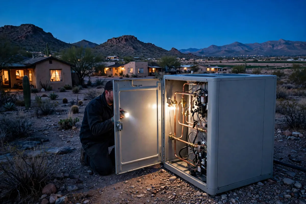 Emergency AC Repair Florence, AZ — a technician restoring cooling at dusk