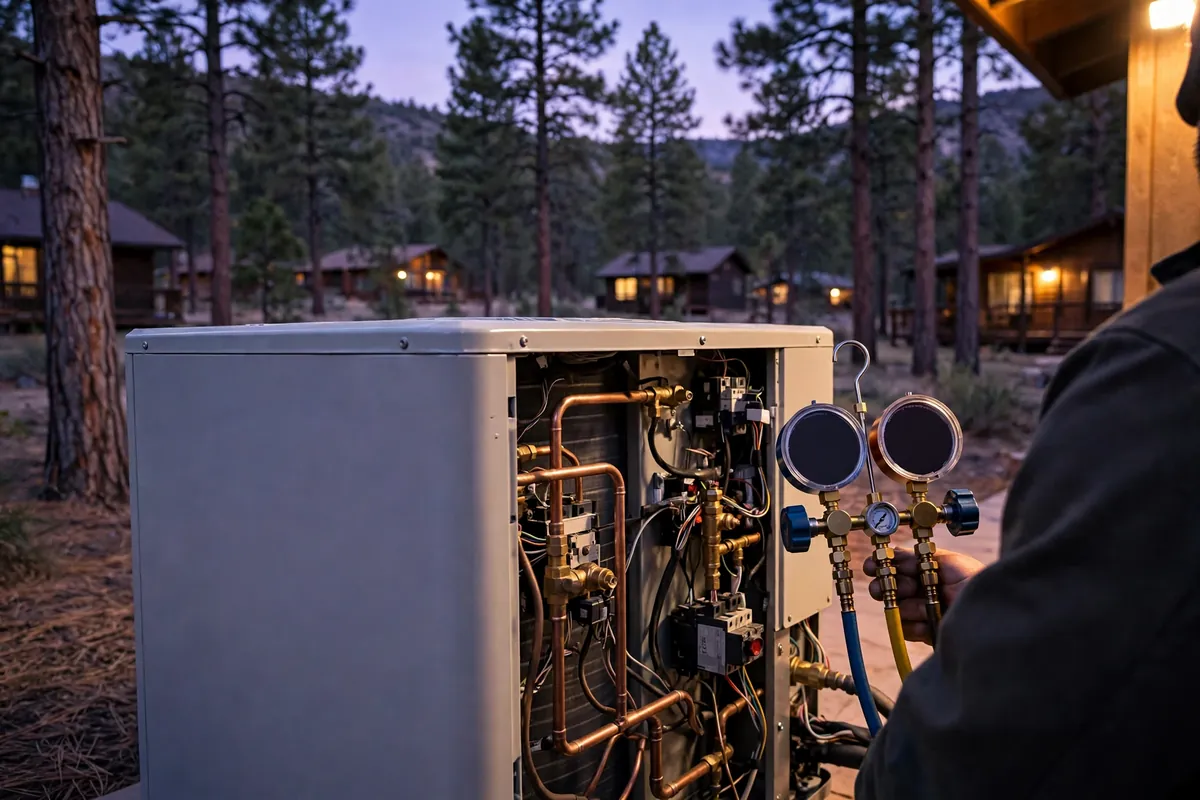 Emergency AC Repair Forest Lakes, AZ — a pro checking gauges on a failed unit