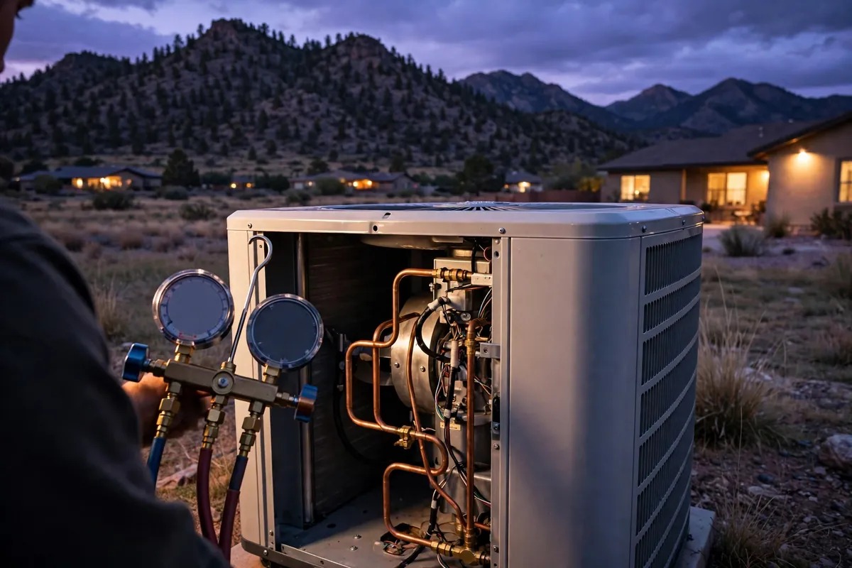 Emergency AC Repair Fort Huachuca, AZ — a technician restoring cooling at dusk